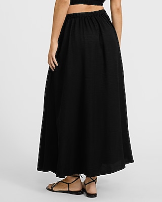 Crinkle High Waisted Elastic Waist Midi Skirt