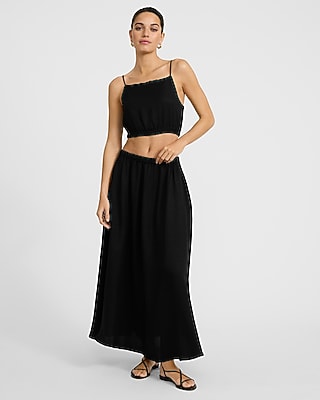 Crinkle High Waisted Elastic Waist Midi Skirt