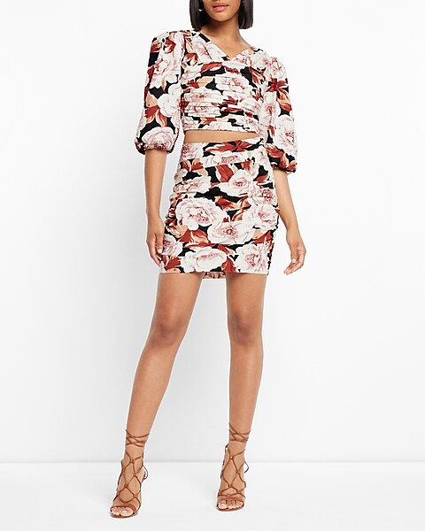 Topshop Tall ruched placement flower print mini skirt in multi