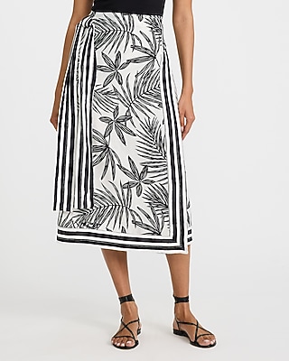 Printed High Waisted Wrap Tie Midi Skirt