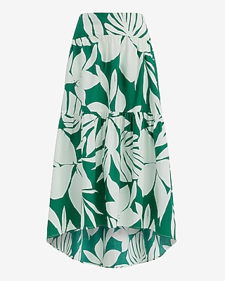 Cotton Poplin Floral High Waisted Tiered High-Low Midi Skirt