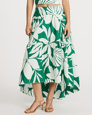 Cotton Poplin Floral High Waisted Tiered High-Low Midi Skirt