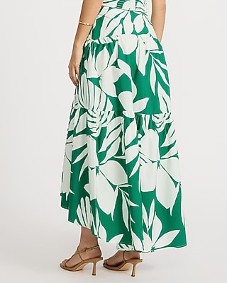 Cotton Poplin Floral High Waisted Tiered High-Low Midi Skirt