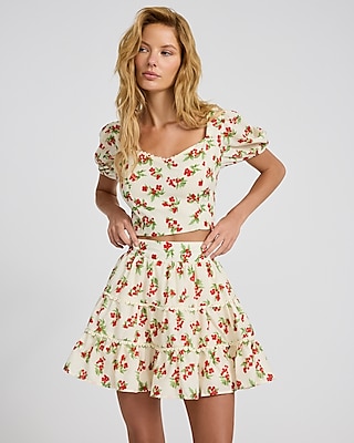 Cherry Print High Waisted Ruffle Mini Skirt