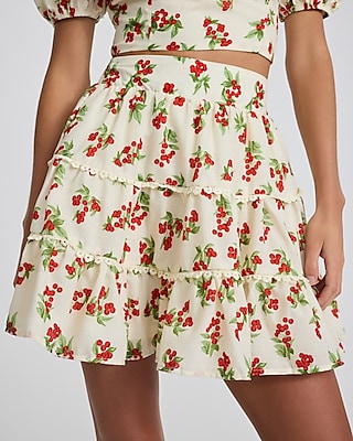 Cherry Print High Waisted Ruffle Mini Skirt