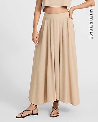Linen-blend High Waisted Pleated Maxi Skirt