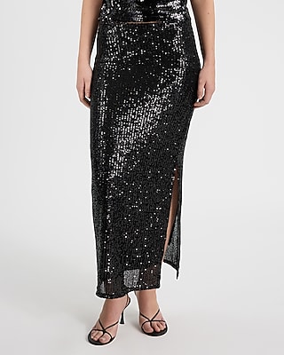 High Waisted Fitted Sequin Midi Skirt | Express