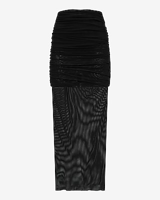 Mesh Layered Sheer Ruched Maxi Skirt