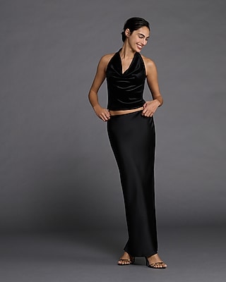 High Waisted Satin Side Slit Maxi Skirt