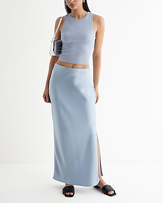 High Waisted Satin Side Slit Maxi Skirt