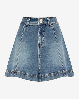 High Waisted Medium Wash A-Line Flounce Mini Denim Skirt