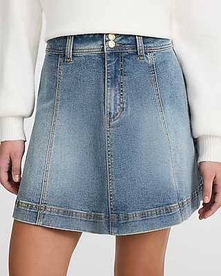 High Waisted Medium Wash A-Line Flounce Mini Denim Skirt
