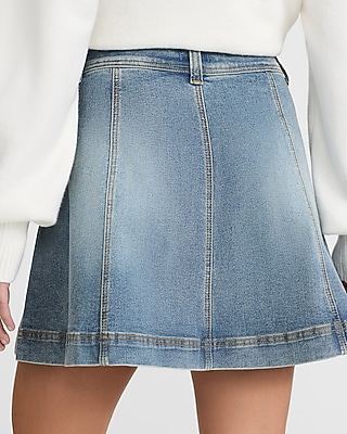 High Waisted Medium Wash A-Line Flounce Mini Denim Skirt