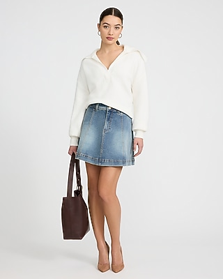 High Waisted Medium Wash A-Line Flounce Mini Denim Skirt
