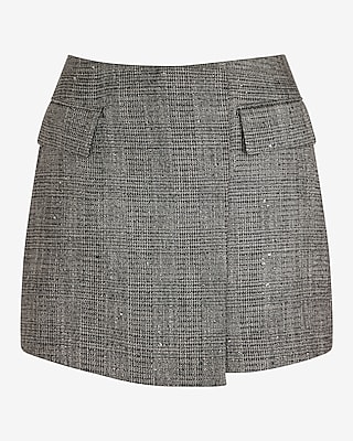 Super High Waisted Sequin Plaid Wrap Skort