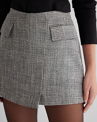 Super High Waisted Sequin Plaid Wrap Skort