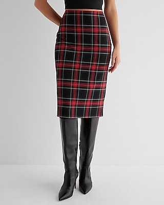 High Waisted Tartan Plaid Midi Pencil Skirt Express