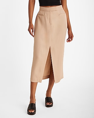 High Waisted Linen-Blend Tailored Front Slit Midi Skirt