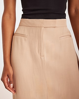 High Waisted Linen-Blend Tailored Front Slit Midi Skirt