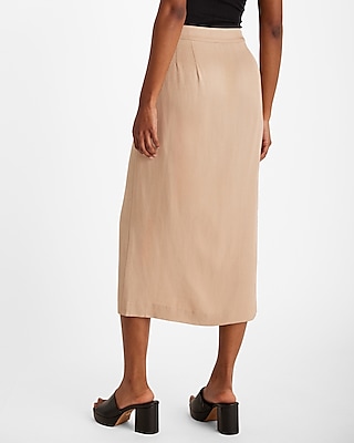 High Waisted Linen-Blend Tailored Front Slit Midi Skirt