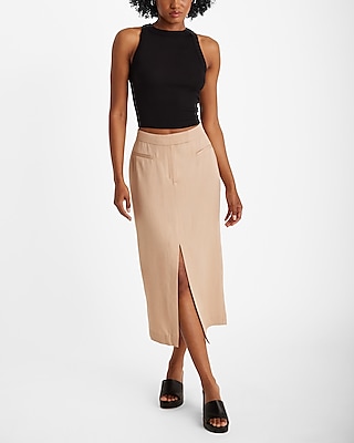 High Waisted Linen-Blend Tailored Front Slit Midi Skirt