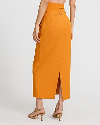 Linen-blend High Waisted Tailored Midi Skirt Express