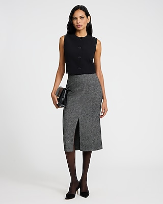 Herringbone High Waisted Midi Skirt