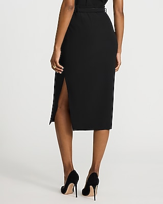 Studio Stretch Twill Super High Waisted Belted Midi Skirt