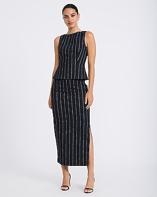 Linen-Blend Striped Super High Waisted Column Midi Skirt
