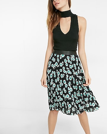 High Waisted Floral Pleated Midi Skirt | Express