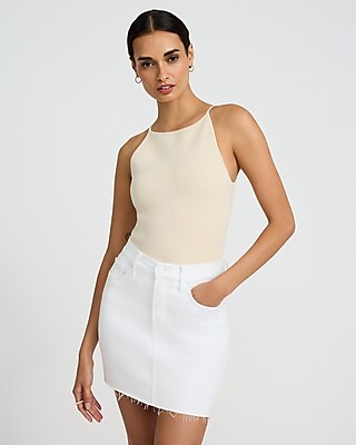 High Waisted White Raw Hem Mini Denim Skirt