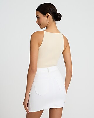 High Waisted White Raw Hem Mini Denim Skirt
