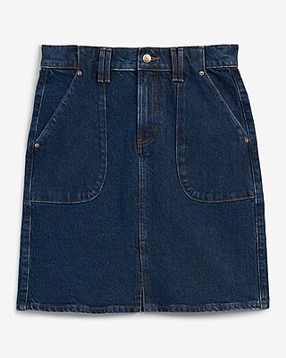 High Waisted Dark Wash Patch Pocket Mini Denim Skirt