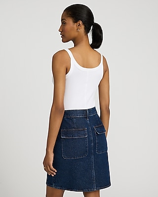High Waisted Dark Wash Patch Pocket Mini Denim Skirt