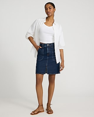 High Waisted Dark Wash Patch Pocket Mini Denim Skirt