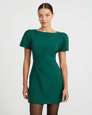 Boat Neck Puff Sleeve Tailored Mini Dress