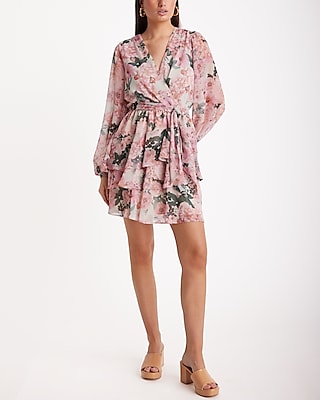 Floral Long Sleeve Surplice Tiered Tie Waist Mini Dress | Express