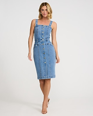 Stretch Denim Square Neck Sleeveless Button Front Dress