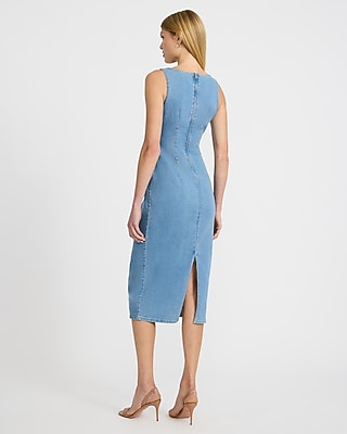 Stretch Denim Scoop Neck Seamed Midi Sheath Dress