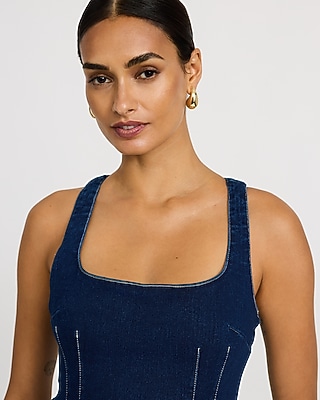Stretch Denim Scoop Neck Seamed Midi Sheath Dress