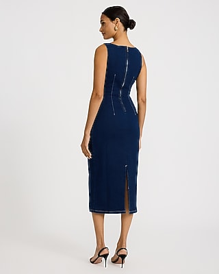 Stretch Denim Scoop Neck Seamed Midi Sheath Dress