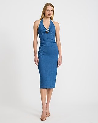 halter denim midi dress Express Women's Denim Halter V-Neck Gold Hardware Midi Dress in Blue Large