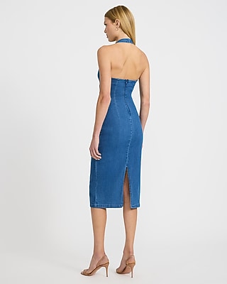 denim sheath dress Express Women's Denim Halter V-Neck Gold Hardware Midi Dress in Blue Large