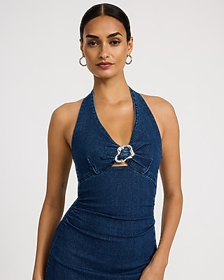 Denim Halter V-Neck Gold Hardware Midi Sheath Dress