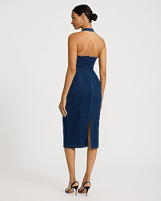 Denim Halter V-Neck Gold Hardware Midi Sheath Dress