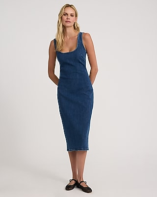 Dark Wash Scoop Neck Sleeveless Midi Denim Sheath Dress