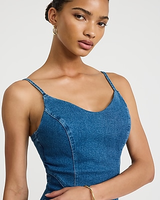 v neck denim dress Sleeveless Fit And Flare Midi - LARGE / BLUE Wash cold Sleeveless Denim Mini Dress with