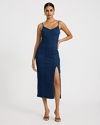 Denim V-Neck Side Slit Midi Sheath Dress