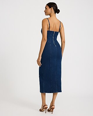 Denim V-Neck Side Slit Midi Sheath Dress