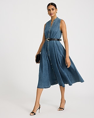 Denim V-Neck Button Front Belted Midi Dress